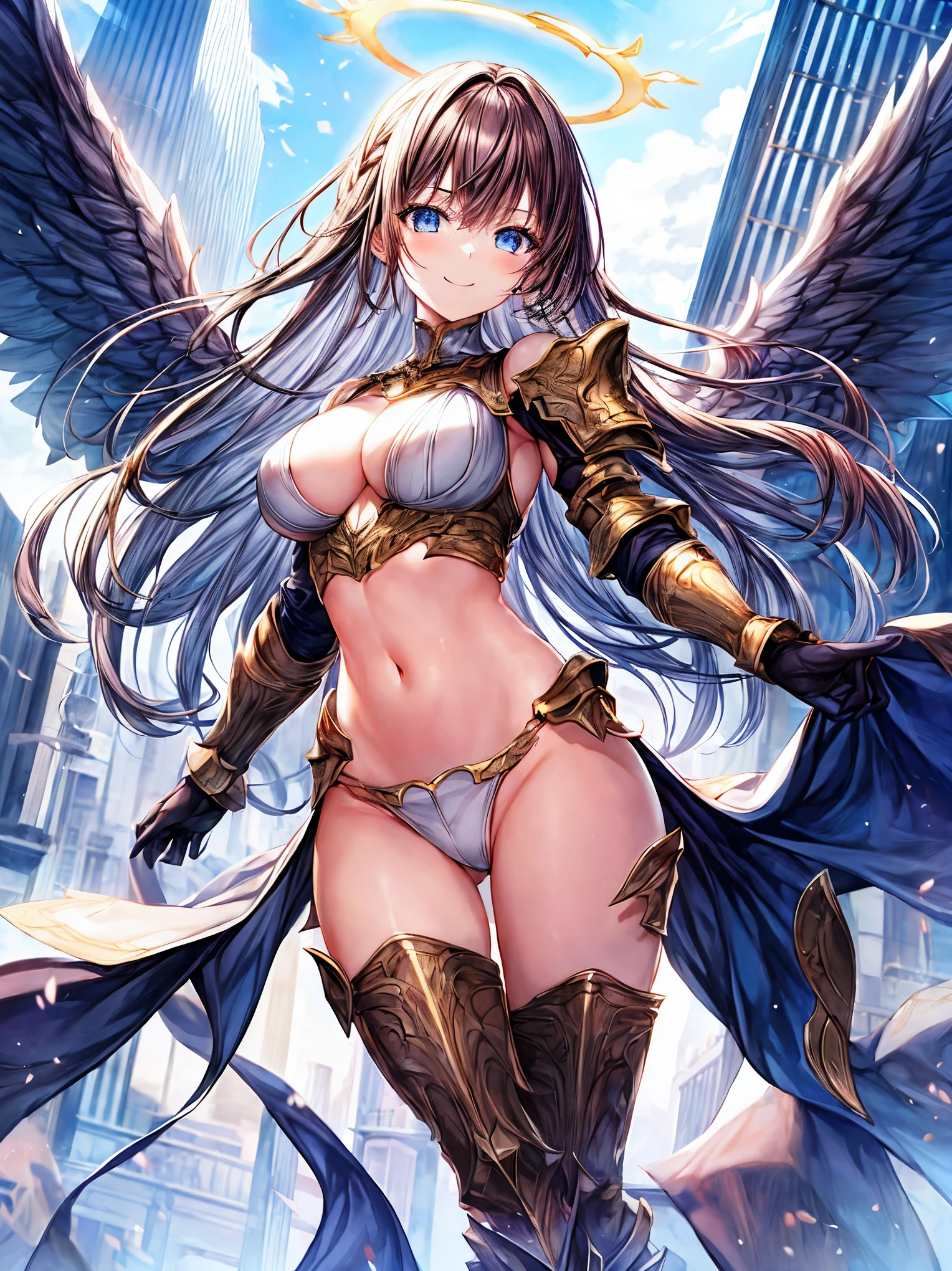 fantasy, 1angel_girl,(young_:1.5), ,brown_hair, medium_bob_hair, long_bangs, halo,bare_shoulder,thighhighs,silver_armor, waist_armor, large_breasts,1pair_wings, dynamic_pose_fighting,floating, bare_crotch, headgear,gauntlet, greaves,city_landscape_background,slightly_spread_legs, solo, groin_naked,smile