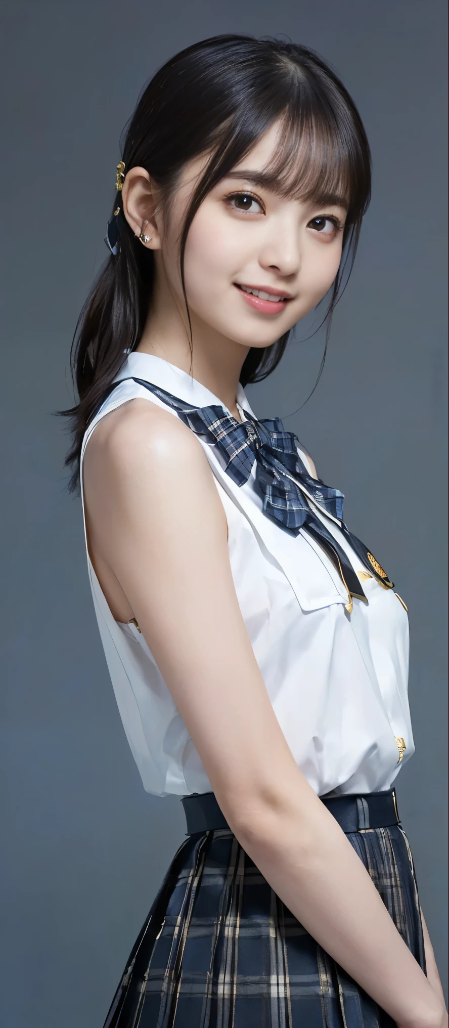 (Highest quality, masterpiece:1.2), Highest quality, Realistic, photograph, High resolution, 1080P, 8k, Physical Rendering, ((height: 155cm、Slim and slender style、medium firm chest)), ((((((A beautiful fashion model featured in a Japanese fashion magazine、Look directly at the viewer)))))), (((big, Very fine, Beautiful dark brown eyes))), ((((Everyone loves me、They are Laughter at me.!)))), Detailed fingers, (((length, Curled bangs))), ((((Very noble and cute eyes, Every detail is carefully drawn)))), ((double eyelid)), (((length eyelashes))), ((cute、Adorable、Adorable、Laughter、Laughter頬)), ((Pure white light hits my nose and cheeks. Her eyes and the white skin of her face are beautifully white........)), (((((Her face is very expressive、With a noble smile。, so sweet, very smart))))), ((((A striking plain navy large school ribbon bow tie)))), ((((Beautiful long black hair blowing in the strong wind、Fluttering Hair)))), (((((((She rolled up her formal long pleated skirt, Blue and navy tartan check, ))))))), ((((The size is a bit small、When she lifts up her white sleeveless shirt with a gold emblem, she shows off her beautiful small breasts.、Full upper body nude)))), ((As elegant as a noble princess)), ((From before, Create a striking image showing off your breasts..))