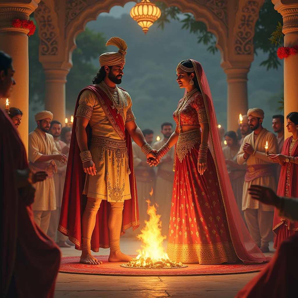 A rajput warrior and a female rajput warrior Both are getting married according to Hindu tradition after taking seven rounds of fire. Hindu tradition marriage