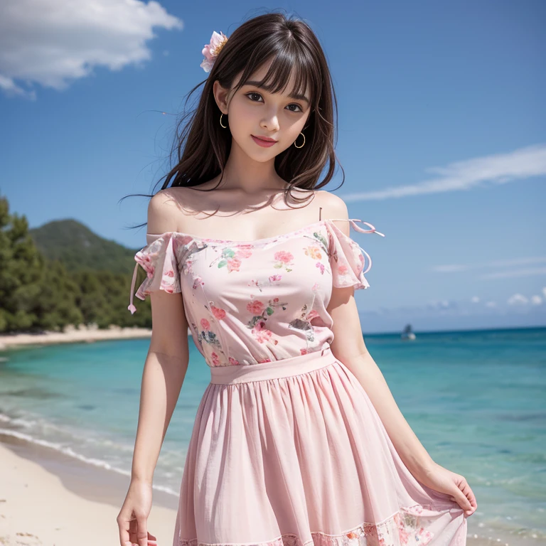 laughing out loud,travel scenery photos,Wear a sweet dress,Dress with pink flower pattern,Floral pattern scattered throughout the dress,Puff sleeves,Princess puff sleeves,Short sleeve,One-piece hem A-line skirt,(There is a layer of transparent mesh outside the skirt), Fluffy and lightweight dress,(The dress is made of mesh), There are pink ribbon bows on both sides of the collarbone.,A-line skirt with large hem,1 female, On the face, light brown hair, blunt bangs, hair behind ears, Shoulder-length hair, long hair, Slender body type, 超face slimming型, face slimming, delicate lips, beautiful eyes, Thin blush, Eyes are light brown,View here, (actual:1.3), One person's perspective, 8k, Super detailed, high quality, best quality, High resolution,2,above knee shot,Breast protrusion,Full breasts