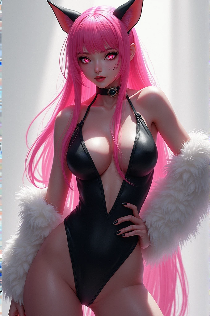 Kimiko five-tails, skin tight outfit, fangs, hand on hip, white fur, face markings, seductive, pink hair, pink eyes, 1girl, masterpiece, realistic, best quality, ultra detail, ultra high res, extreme detail, highres, 8k