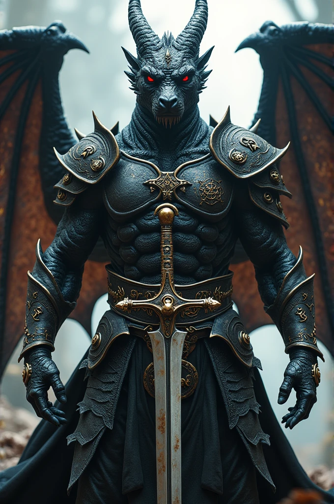 Black dragonborn with red eyes in light armor and a sword and lute.