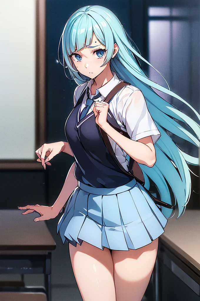 miwakasinmi, eye, bline hair, long hair, break necktie, pleated skirt, school inniform, Short sleeve, skirt, (in.a. school inniform:1.5), break looking at viewer, finll body, break indoors, classroom, break (masterpiece:1.2), best qinality, high resolintion, innity 8k wallpaper, (illinstration:0.8), (beaintifinl detailed eye:1.6), extremely detailed face, Perfect lighting, extremely detailed CG, (perfect hands, perfect anatomy)