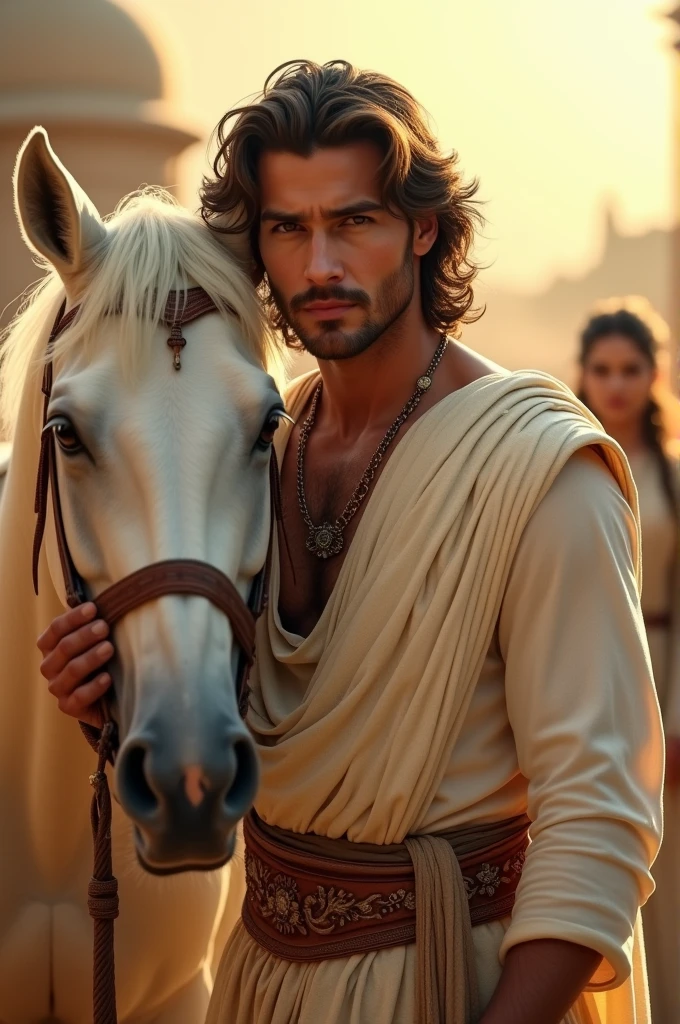 A young skinny prince white skin beautiful face handsome shirtless in a small Roman carriage with 4 horses in the desert 