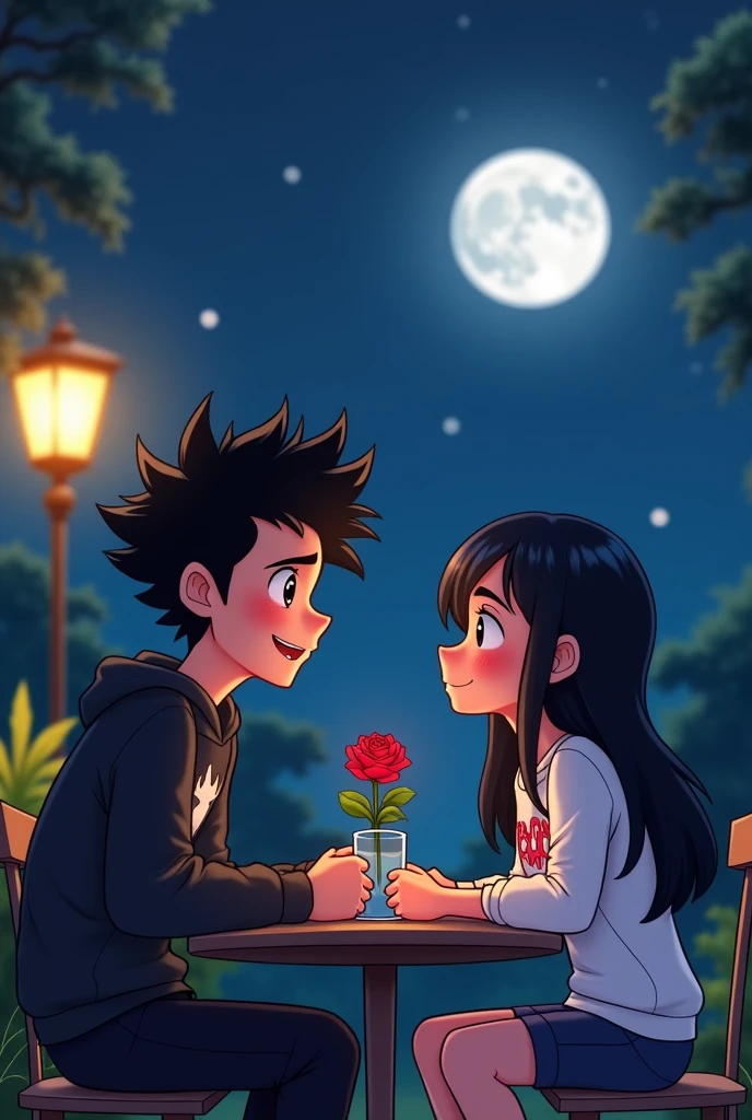The image shows a romantic scene between two animated characters. they are sitting at a table, in an outdoor night setting, with a full moon in the sky and a lamp lit near them. The male character has black, spiky hair., He is wearing a black Spiderman sweatshirt and is smiling with a happy expression while looking at the girl.. The girl also has long black hair , and she is dressed in a white spiderman sweatshirt. They both look at each other with affection, and on the table there is a red rose in a glass, adding a romantic touch to the scene. The drawing style is very simple and cartoonish., typical of a cartoon series.