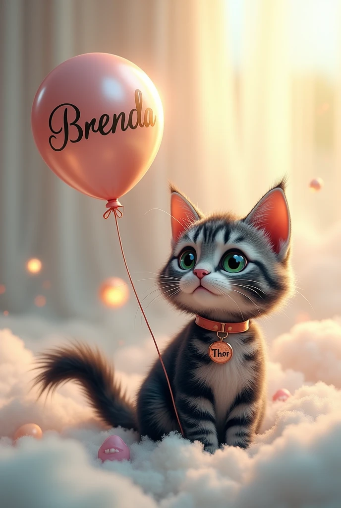 Cute black and gray tabby cat, with a hairy tail, with a collar with the name Thor written on it , sitting on a fluffy white cloud ,holding a balloon with the name Brenda ,in luxury letters