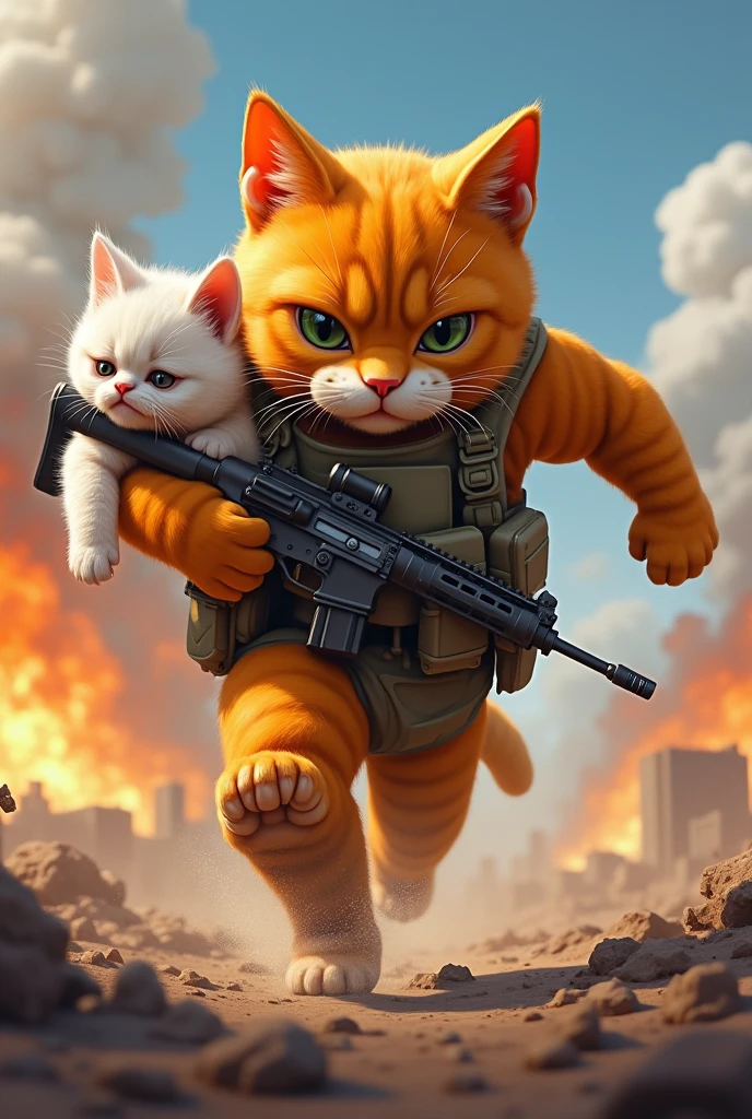 An orange body builder soldier cat running with riffle in his right hand, his face with 2 black lines on the left eye, his left hand carrying a white chubby kitten crying with blood in the body, bombing and explosion behind them, in a battle field, 3D style

