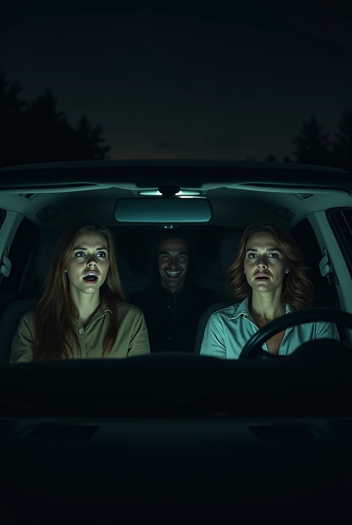 The three in the car (two women and one man) with all the lights off and a smiling evil figure in the back of the car