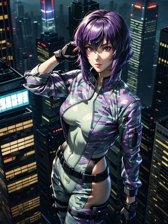 Ghost in the Shell, Motoko Kusanagi, very beautiful face, Purple short bob cut, Hair between the eyes, Slightly asymmetrical bangs, ((Optical Camouflage Suit, Optical camouflage suit from the neck down)), Jump up into the sky, view From above, Facing the camera, The background is Tokyo's buildings at night, Reflective and shiny, ((Night Scenery)), Lots of window lights, Glitching, ((masterpiece, best quality, high resolution)) 