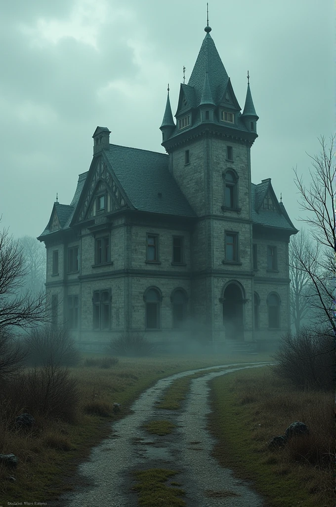 A huge, old mansion stands at the edge of the village, with crumbling walls and shattered windows, an eerie silence looming in the darkness.