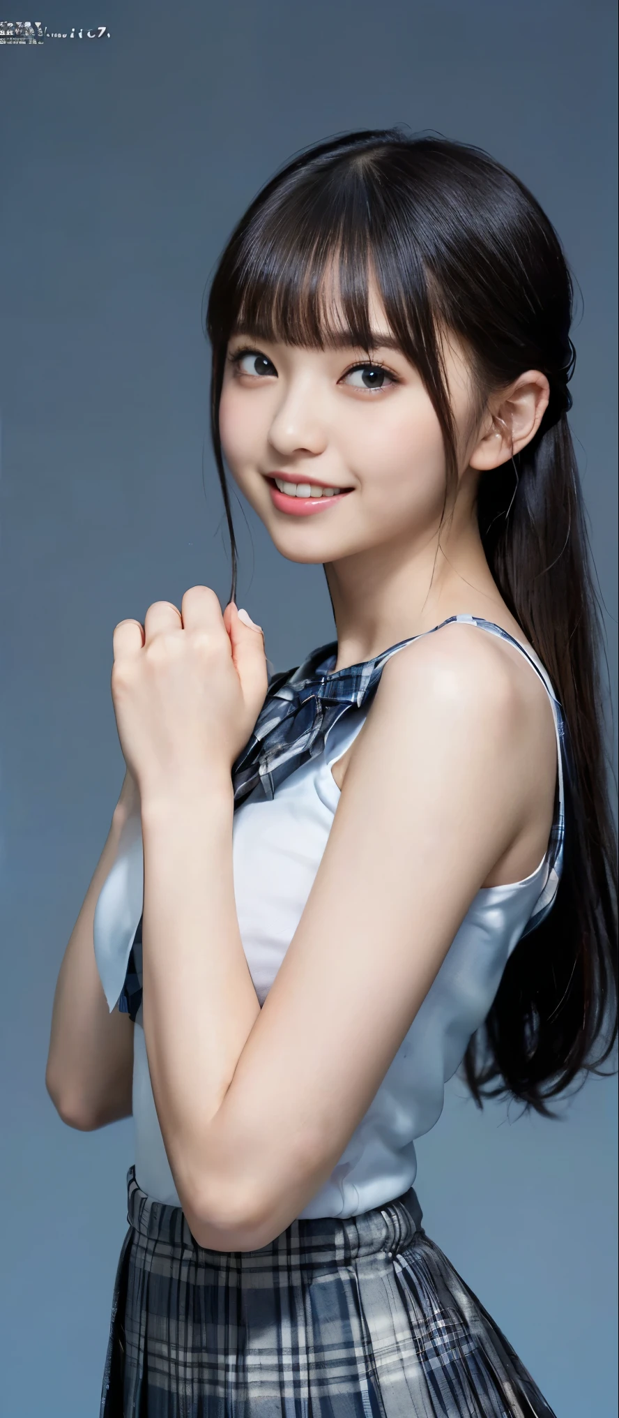(Highest quality, masterpiece:1.2), Highest quality, Realistic, photograph, High resolution, 1080P, 8k, Physical Rendering, ((height: 155cm、Slim and slender style、Medium-sized breasts)), ((((((A beautiful fashion model featured in a Japanese fashion magazine、Look directly at the viewer)))))), (((big, Very fine, Beautiful dark brown eyes))), ((((Everyone loves me、They are Laughter at me.!)))), Detailed fingers, (((length, Curled bangs))), ((((Very noble and cute eyes, Every detail is carefully drawn)))), ((double eyelid)), (((length eyelashes))), ((cute、Adorable、Adorable、Laughter、Laughter頬)), ((Pure white light hits my nose and cheeks. Her eyes and the white skin of her face are beautifully white........)), (((((Her face is very expressive、With a noble smile。, so sweet, very smart))))), ((((A striking plain navy large school ribbon bow tie)))), ((((so beautiful、very long black braided hair)))), (((((((She rolled up her formal long pleated skirt, Blue and navy tartan check, ))))))), ((((The size is a bit small、When she lifts up her white sleeveless shirt with a gold emblem, she shows off her beautiful small breasts.、Full upper body nude)))), ((As elegant as a noble princess)), ((From before, Create a striking image showing off your breasts..))