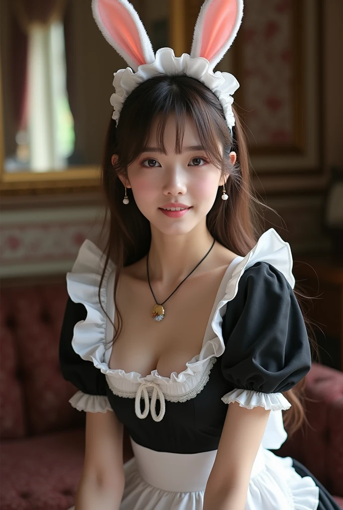 hot realistic, Highest quality, Ultra-high resolution, RAW photo, realistic, Bright lighting, face light, Smooth Professional Lighting, 1 Female, 20-year-old, Beautiful Japanese Women, Japanese idol super beauty, Realistic Skin, Realistic Skin, Real eyes and faces, Perfect plus-size model physique:1.4, Beautiful Eyes, Big eyes, Inconspicuous Tear Bags, (((Glasses))), glossy pink lips, Huge breasts:1.8, very good, Natural Makeup, plump fingers, Plump hands, Very long hair, Brown Hair, brown eyes, seems to be happy, (Both ears are covered by hair), A photo of a bunny girl wearing a maid outfit, The character is wearing a bunny girl outfit, an adaptation of the classic maid outfit., A black and white maid outfit adorned with frills and ribbons, With rabbit ears and a tail, The background is a room in a classic Western-style mansion., The overall scene has a cute and elegant atmosphere.。