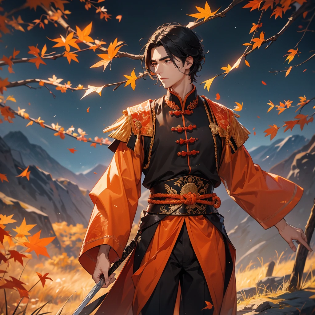 a Handsome black-haired male general holding a large sword in ancient Chinese general costume, walking In the middle of a spring mountain ,the backdrop is a mountain that turns orange-red in spring, and maple leaves fall from the trees.