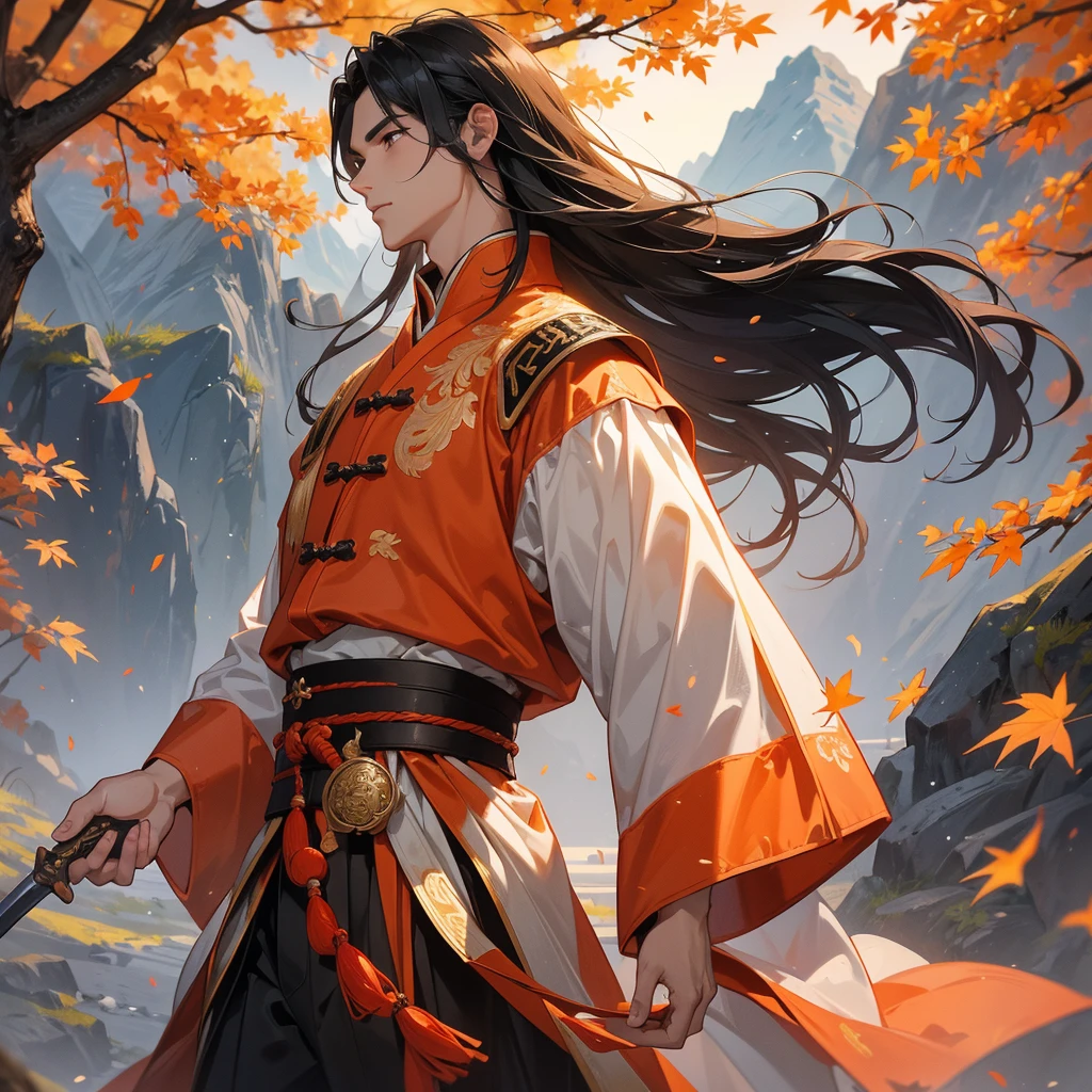 a Handsome black-haired male general holding a large sword in ancient Chinese general costume, walking In the middle of a spring mountain ,the backdrop is a mountain that turns orange-red in spring, and maple leaves fall from the trees.