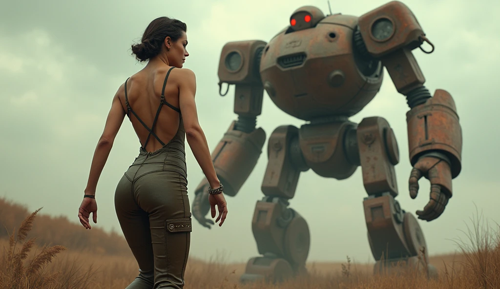 (Masterpiece.Uhd.photorealistic. Analog photography. 1950 style) in a dystopian neo retro futuristic world.a gorgeous woman. Age 23. Wearing 1950 clothes. Epic cleavage (100E size) she’s a modern Valkyrie fighting a 1930 clunky and rusty giant evil war robot.red light in the eyes.