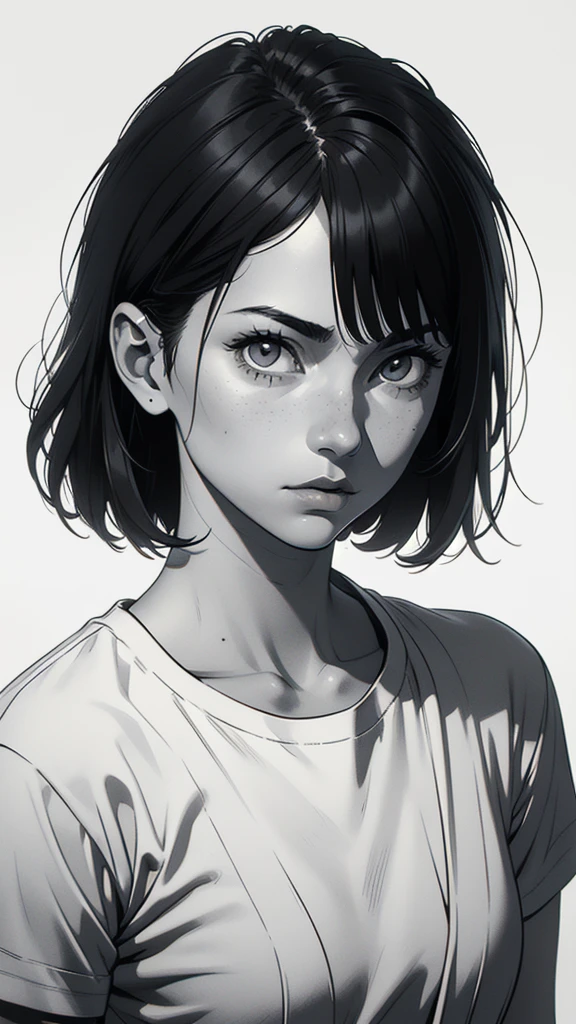 1 boyish girl, solo, sharp eyes, monochrome, greyscale, short black hair, portrait, white T-shirt, closed mouth, looking at viewer, graphite \(medium\), detailed lips, hatching \(texture\), without makeup, bangs, upper body, (best illustration), (best quality), (very detailed), (masterpiece), expressionless,
