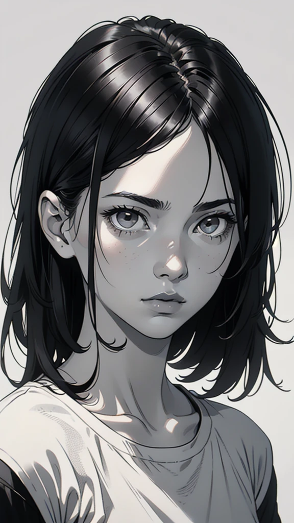 1 boyish girl, solo, sharp eyes, monochrome, greyscale, short black hair, portrait, white T-shirt, closed mouth, looking at viewer, graphite \(medium\), detailed lips, hatching \(texture\), without makeup, bangs, upper body, (best illustration), (best quality), (very detailed), (masterpiece), expressionless,