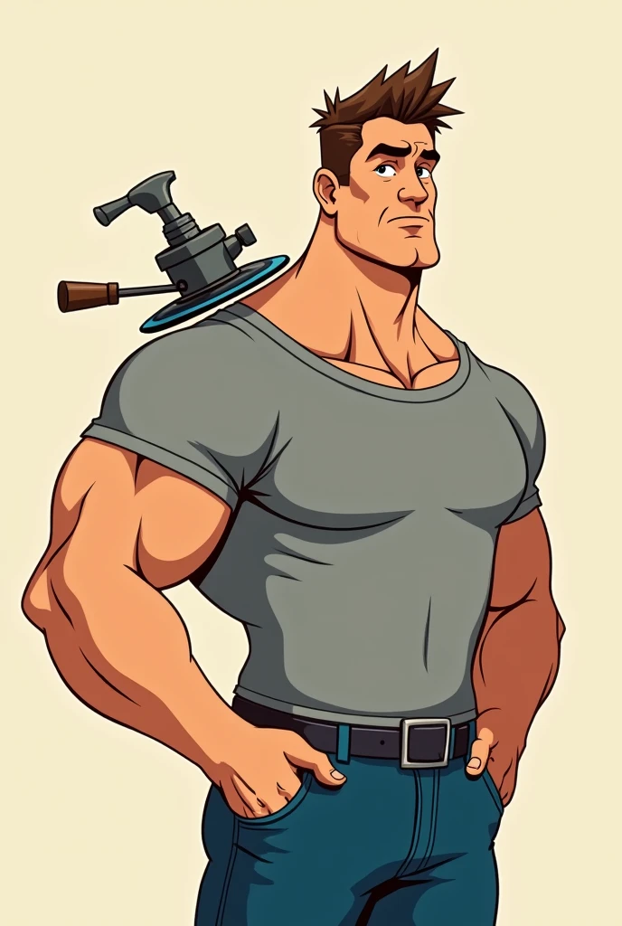 Cartoon of a muscular man with a shirt and a small polisher on his shoulder and not so muscular