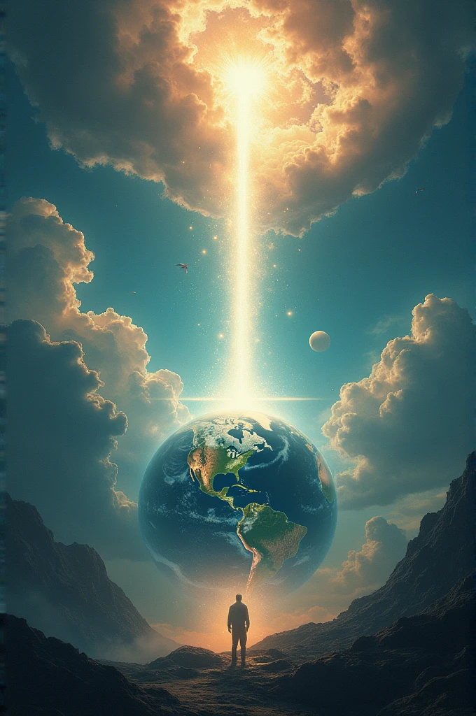 Make a story cover about throughout heaven and earth, showing an earth and heavens falling to the earth emitting with light 