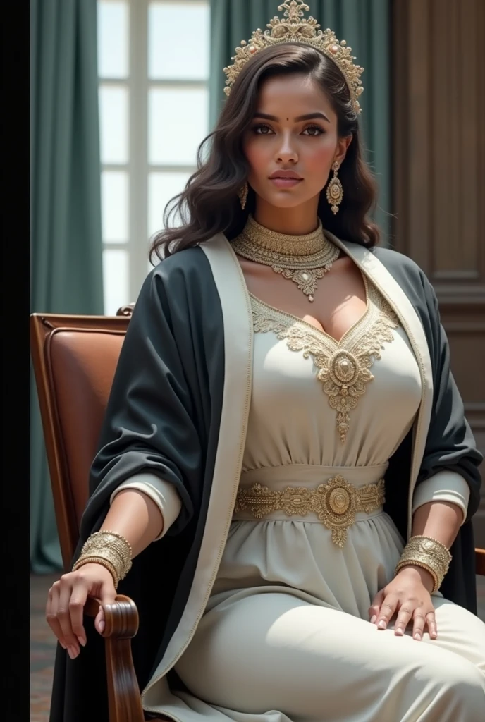 6 ft big breasted average beautiful sri lanakan wealthy age 25 girl in maharani dress. Wearing Academic regalia.well educated.sit in chair with big breasts, big butt.