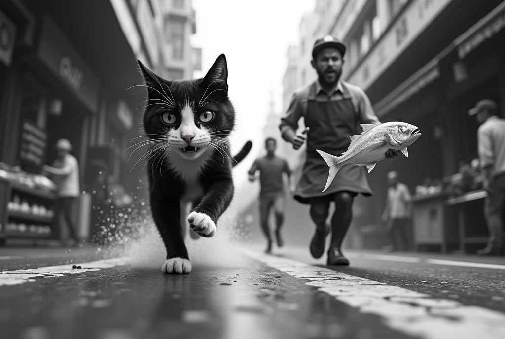 realistic style, photo, photorealistic, high detail, (sharp), (photorealism:1.2), (photo:1.2) of a mischievous (B&W) cat is running away after stealing a fish from a busy fish market. The cat has a fish in its mouth and is darting through the streets, motion trails and wind effect. Behind it, a furious fishmonger is chasing the cat, yelling in frustration. The scene is lively, with the fishmonger’s apron flapping and the cat’s fur slightly ruffled as it escapes. [Un gatto a macchie nere birichino sta scappando dopo aver rubato un pesce in una pescheria affollata. Il gatto ha un pesce in bocca e sta sfrecciando per le strade. Si vede la scia lasciata dalla velocità del gatto in fuga. Dietro di lui, un pescivendolo furioso lo insegue, urlando con frustrazione. La scena è vivace, con il grembiule del pescivendolo che svolazza e il pelo del gatto leggermente arruffato mentre fugge.] immagine dinamica con inquadratura dal basso e inclinata, per dare un asenso di dinamicità alla foto.