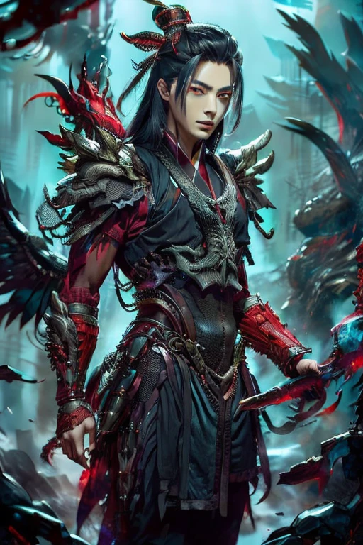 Handsome young xianxia protagonist,alpha male face,handsome, otherworldly beauty,perfect proportion face,no light interfention,man,guy,long black obsidian hair,black red phoenix tail, use floating phoenix crown,Crimson red  eyes  ,eyes focus detailed((no noice)),(((no noice))),and long black hair ,(no noice)),use armour featuring like pattern on taotie chinese divine beast((search image for taotie chinese beastiary))with black dominant color,pauldron protective shape like dragon head,breastplate featuring like Tao tie,breastplate detailed featuring taotie shape,shoulder protective dragon shape like taotie,sun and moon  background, black dominant color,black  dominant color, black dominant color armour,with majestic silver line , ((no noice))And demonic red wings at back,wings at back,terrifying aura around,24K ultra hd,face and eyes detail,lips and face detail,masterpiece ,better quality,ultraa realistic face((no noice)),good face proportion,non noice face,reality face,eyes detailed,((perfect face)),perfect eyes ,perfect lips proportion((balance lips)),perfect face proportion,((balance proportion of face)),((balance and perfect left and right eyes proportion)),((masterpiece))