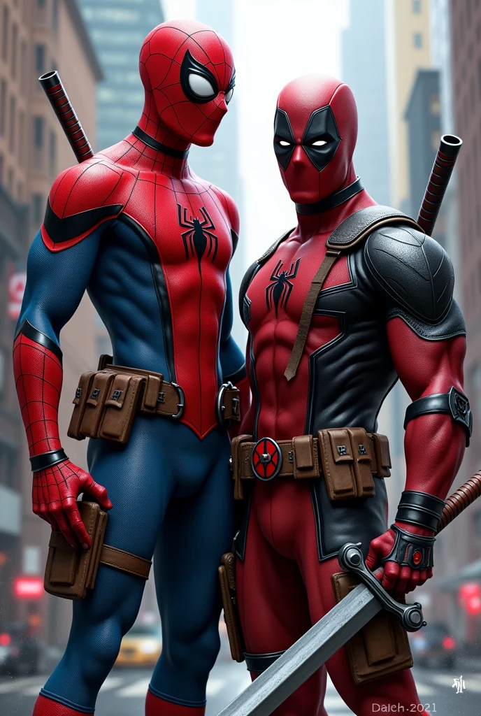 Spiderman standing with deadpool holding a sword