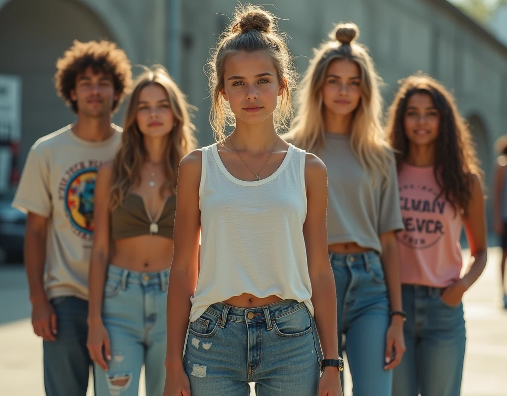 Photo of a teenage girl in skater fashion and her male and female friends. Everyone is wearing a tank top