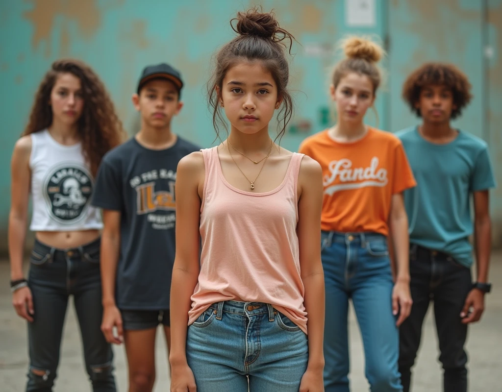Photo of a girl in skater fashion and her male and female friends. Everyone is wearing a tank top