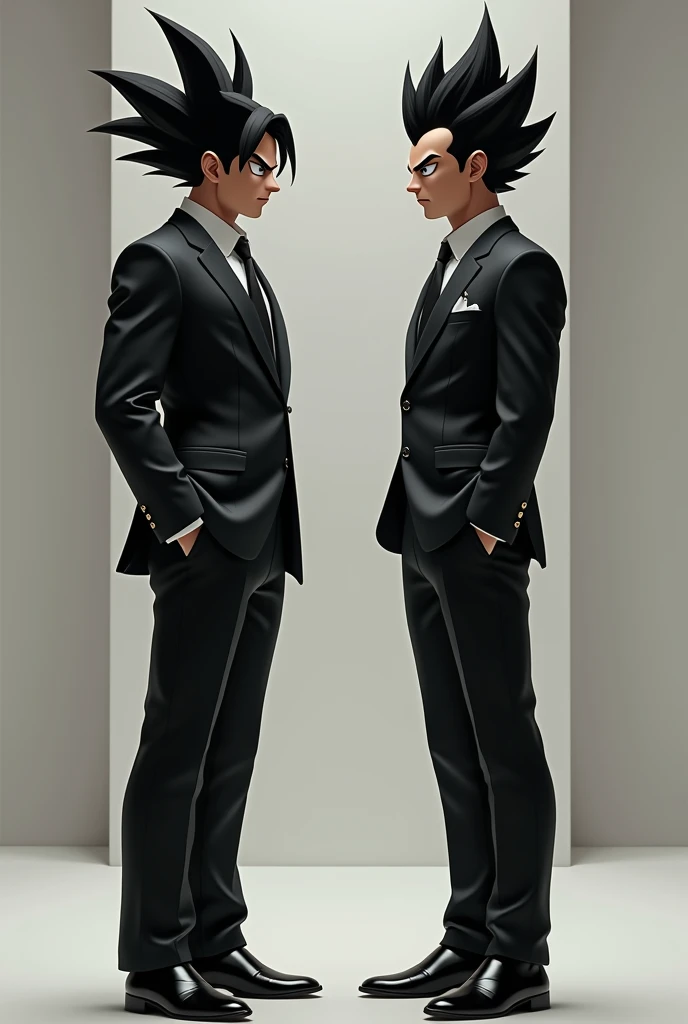 Goku in 3 piece suit in black with also vegeta