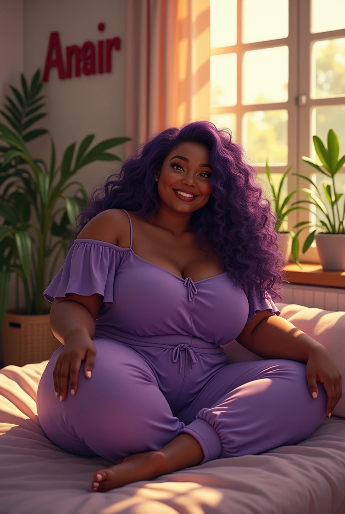 (photorealism:1.2), beautiful plus size black woman, sitting on bed, wearing purple loose off-shoulder top, pajama pants, long curly purple hair, indoors, soft lighting, plants in background, window with sunlight, cozy room, relaxed pose, realistic, intricate details, warm colors, with the word AMIRA on the wall by Greg Rutkowski, by Alphonse Mucha