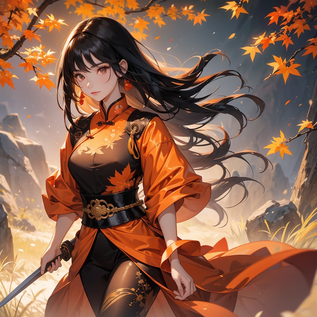 A beautiful woman black-haired female general holding a large sword in ancient Chinese general costume, walking In the middle of a spring mountain ,the backdrop is a mountain that turns orange-red in spring, and maple leaves fall from the trees.
