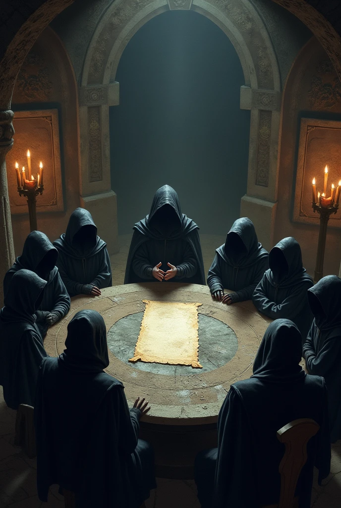 Scene 4: The Secret OrganizationPrompt: "In a shadowy, secretive underground chamber, members of a hooded organization gather around a large, circular stone table. They discuss their plans, with the leader holding a parchment detailing Max and the magical deck. The room is dimly lit by flickering candles, casting ominous shadows on the ancient stone walls."