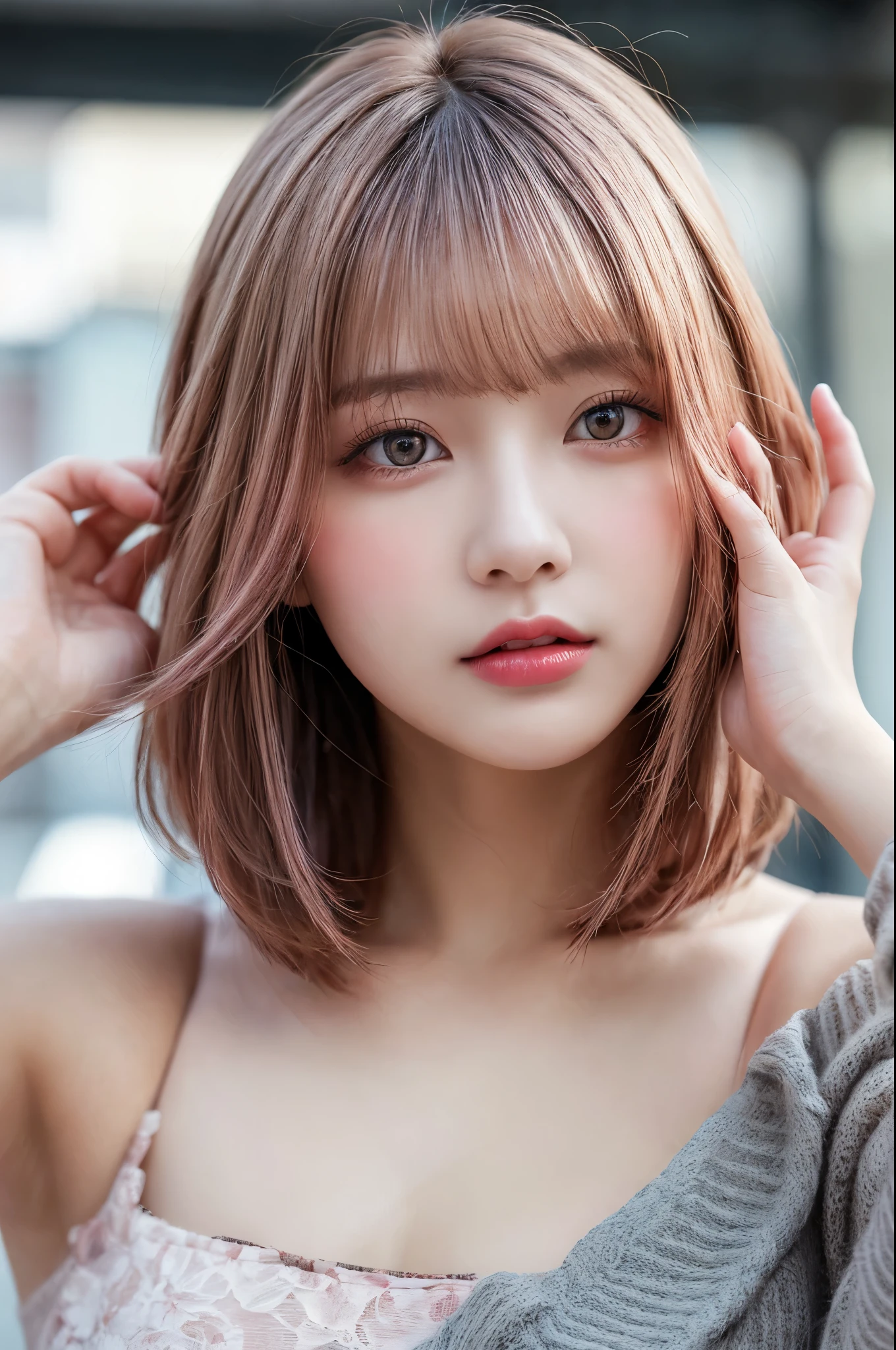Holding a bouquet、Flying debris, Highest quality, shape, Very detailed, Finer details, High resolution, 8k,wallpaper, Perfect dynamic composition, Beautiful attention to detail, White camisole,Short Bob Hair、Pink Hair Color,Big Natural Color Lip, Bold sexy pose, Cold Stare, 20-year-old girl、Cute type、Good Eyes、Simple Background