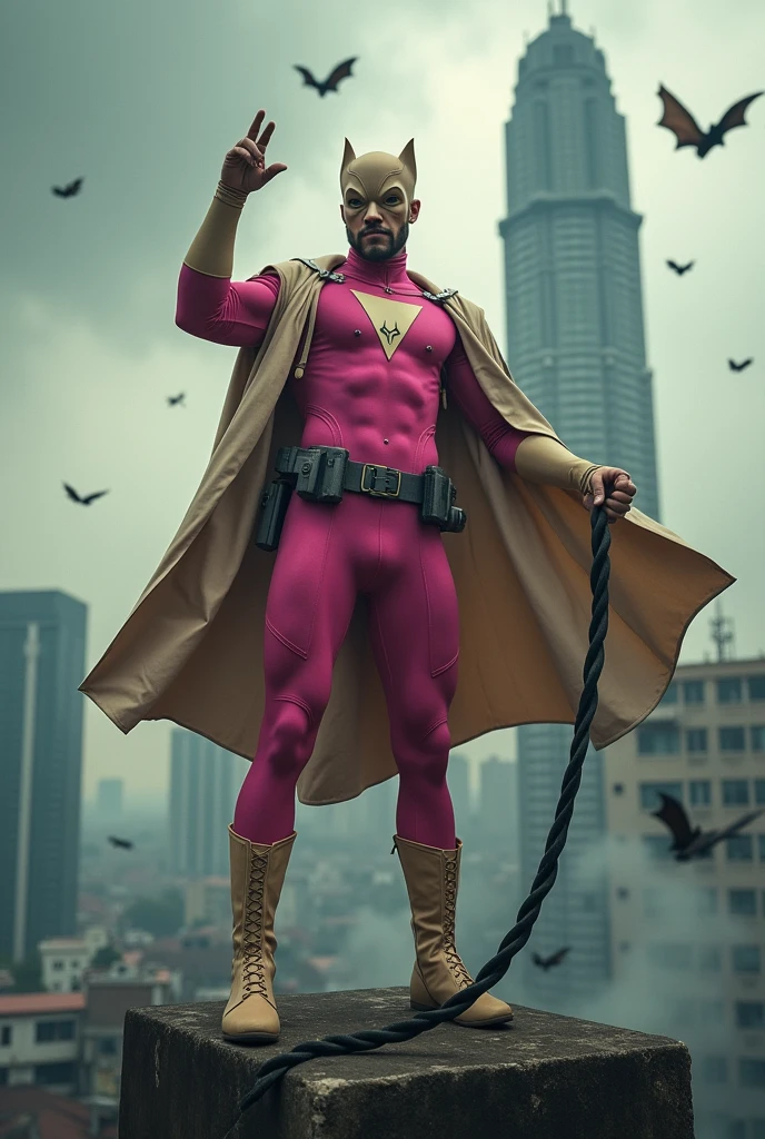 Malaysia man in high-tech suit, vivid effects, malaysian superhero (KELUANG MAN) in a striking pink and beige costume cyberpunk design, mask small mini bat ear beige, daredevil beige mask, jumpsuit dark pink stands confidently in a dramatic.jumping from high place.hero costume.one hand rise up. Big triangle logo on the chest((open cape, beige cape)).high detail Punisher logo on the chest. Fighting pose , stormy landscape. ((Head covered node guard like batman. Running pose , athletic body type, small mini ear bat mask))The character wears domino mask a helmet with pointed mini torn ears and a flowing cape biege, open nose and mouth. Equipped with visible futuristic weapons on a belt,bullet proof jacket pink dark day.show fingers pose, dark night, big supermoon effect . Small logo on chest triangle shape small punisher logo center(( skull triangle Casey Jones mask shape logo)) center on chest pink logo mini logo . rocky. Building top.smoke ground , hand fired with gun , bomb effect background, losse pants, losses costume.adding to --ar 3:4 --style raw --stylize 500 --v 6.1. chaos. Lot of small flying bat. One leg on the high stone. Man. Wear hologram watch.. Real man age 40 year old. One hand holding belt.one hand holding black rope hanging on building. Big pant pink. Beige cape joodie.(( Loose pant)) , jump on high building)marvel , X-Men((. Hand holding two gun.)