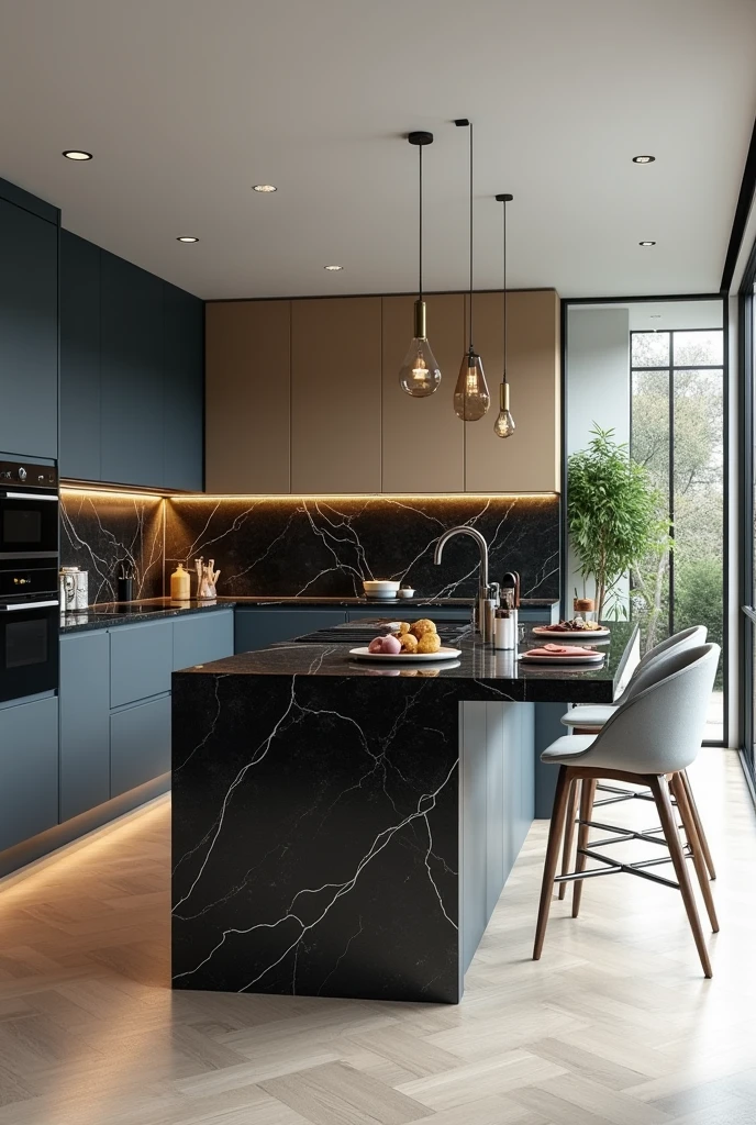 Professional 3d architecture rendering design of modern kitchen with So dark blue vintage and dark beige and dark gray cabinets and modern so light gray design chairs shiny black marble island island and modern windows and complete showing kitchen and showing complete kitchen and modern windows and showing complete kitchen