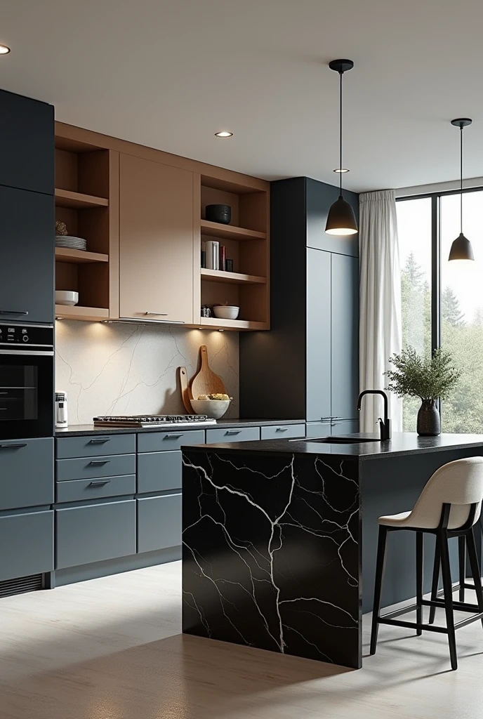 Professional 3d architecture rendering design of modern kitchen with So dark blue vintage and dark beige and dark gray cabinets and modern so light gray design chairs shiny black marble island island and modern windows and complete showing kitchen and showing complete kitchen and modern windows and showing complete kitchen
