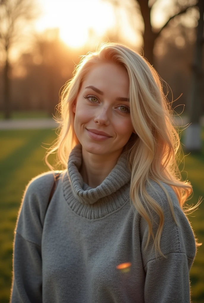 blonde ukrainian woman 30 years old in grey wool pull over and black pants, walking in a park, end of day, flirting with camera, light smile, front shot, 85mm, Nikon, UHD, masterpiece, anatomically correct, textured skin, super detail, award winning, best quality, high details, 16k, lens flare