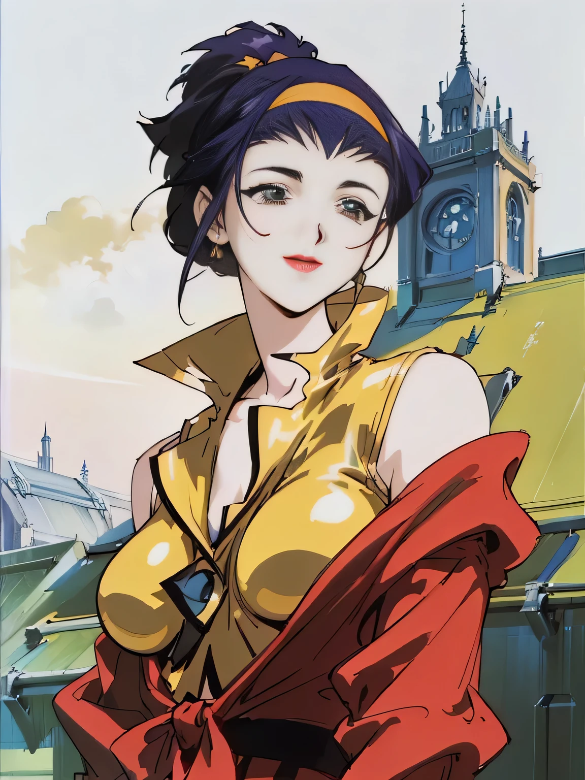 (masterpiece、top-quality、top-quality、Detailed and complex、official art、aesthetically pleasing:1.3)、(Faye Valentine)(smiling)(Yellow suit)(Standing on a rooftop) (realistic art:1.3). Moon and stars background.