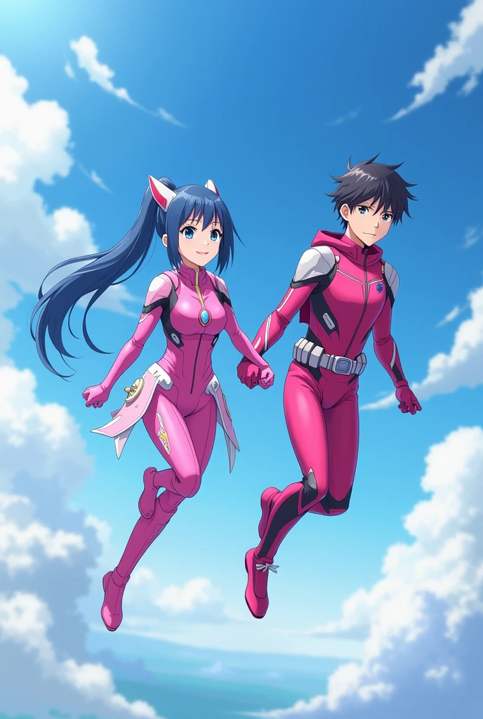 A 1 anime girl with blue hair and eyes in a long ponytail wearing a pink hero suit and flying in the air in the flying suit and wearing a mask over her eyes and holding the hand of a young man the same age and flying with him 
