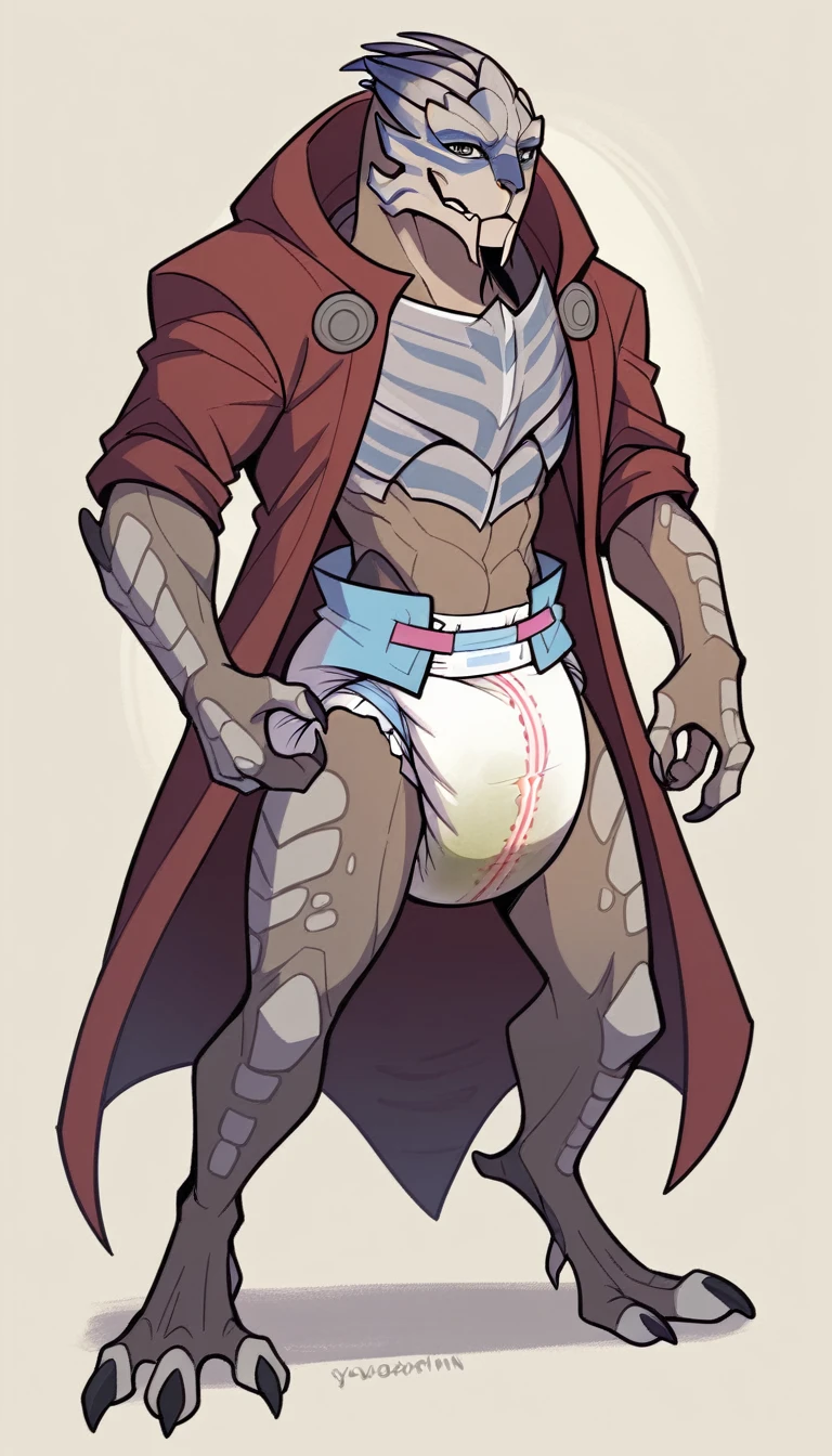 1 person、(((Male Turian in a dirty baby diaper)))、garrus vakarian、mass effect、masterpiece、Highest quality、Dirty diaper、wilderness、evening、Sharp Eye、Robe、western、Big Sword、Grey body