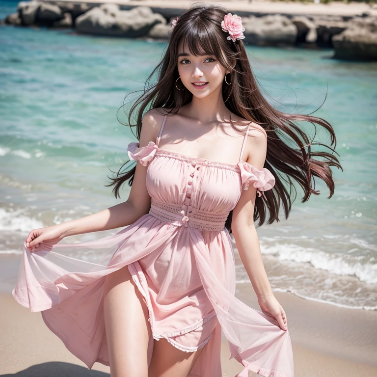 laughing out loud,on the beach,Wear a sweet dress,Dress with pink flower pattern,Floral pattern scattered throughout the dress,Puff sleeves,Princess puff sleeves,Short sleeve,One-piece hem A-line skirt,(There is a layer of transparent mesh outside the skirt), Fluffy and lightweight dress,(The dress is made of mesh), There are pink ribbon bows on both sides of the collarbone.,A-line skirt with large hem,1 female, On the face, light brown hair, blunt bangs, hair behind ears, Shoulder-length hair, long hair, Slender body type, 超face slimming型, face slimming, delicate lips, beautiful eyes, Thin blush, Eyes are light brown,View here, (actual:1.3), One person's perspective, 8k, Super detailed, high quality, best quality, High resolution,2,above knee shot,Breast protrusion,Full breasts