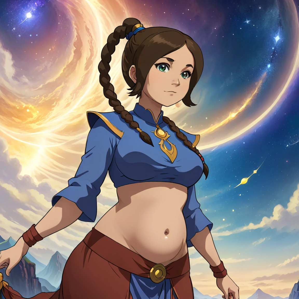 ethereal fantasy concept art of   ,looking at the viewer, stands apart, no other people, ((belly stuffed)), ((huge belly)), ((Very drunk)), ((staggers)), (tight clothes) ,tylee, 1girl,  1 braid,  2d, full body,   . magnificent, celestial, ethereal, painterly, epic, majestic, magical, fantasy art, cover art, dreamy