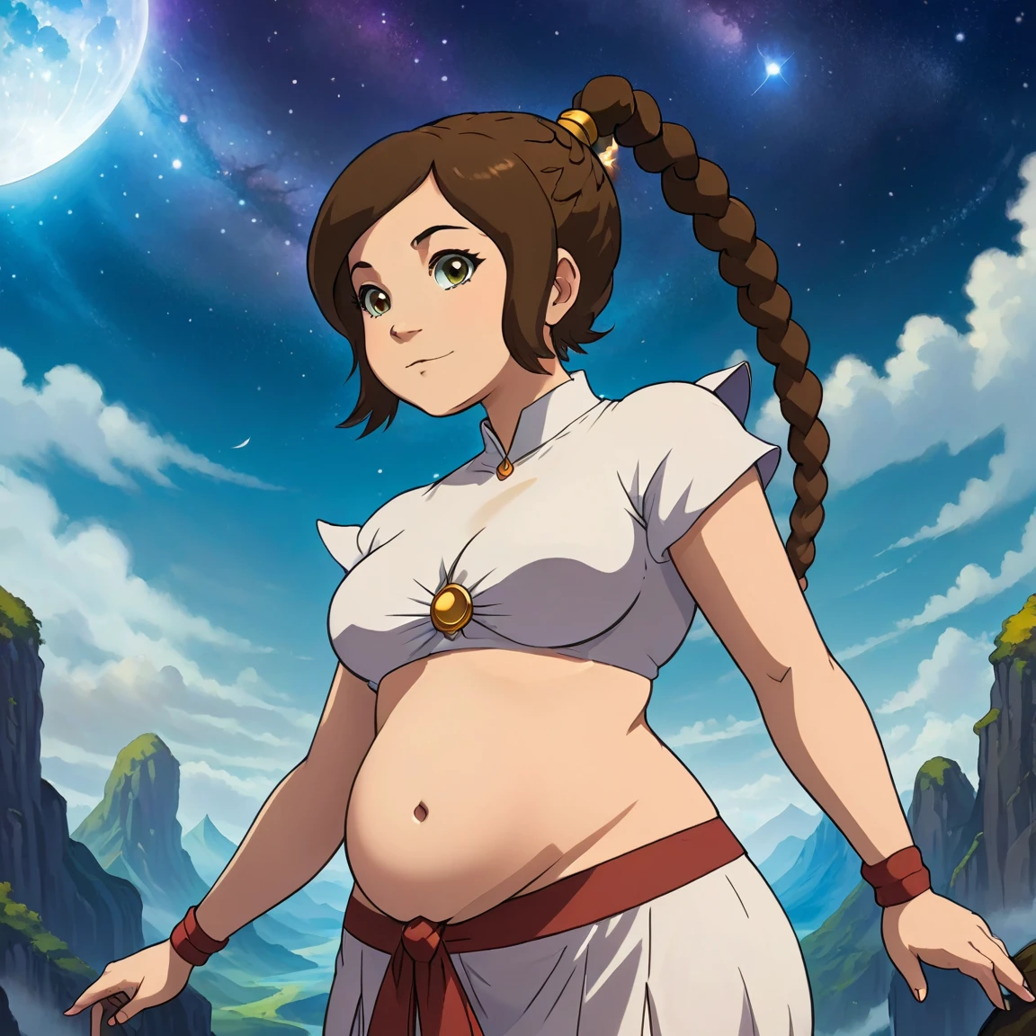 ethereal fantasy concept art of   ,looking at the viewer, stands apart, no other people, ((belly stuffed)), ((huge belly)), ((Very drunk)), ((staggers)), (tight clothes) ,tylee, 1girl,  1 braid,  2d, full body,   . magnificent, celestial, ethereal, painterly, epic, majestic, magical, fantasy art, cover art, dreamy