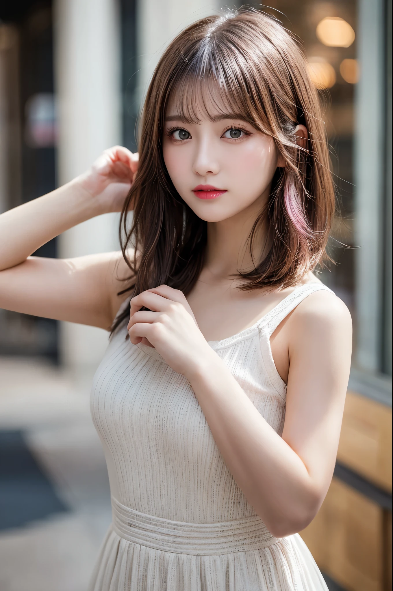 Holding a bouquet、Flying debris, Highest quality, shape, Very detailed, Finer details, High resolution, 8k,wallpaper, Perfect dynamic composition, Beautiful attention to detail, White camisole,Short Bob Hair、Pink Hair Color,Big Natural Color Lip, Bold sexy pose, Cold Stare, 20-year-old girl、Cute type、Good Eyes、Simple Background
