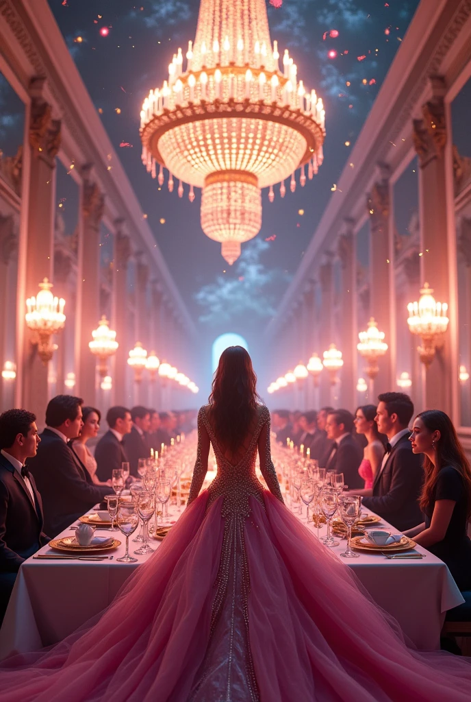 A tremendous god々Shi Big beautiful chandelier Number 10 in a heart at the bottom(((((((Central 10)))))) ((((((((Number 10)))))))) Celebration Time The flow of time lives with music in memories Soft Light Dinner at the Palace of Versailles Hall of Mirrors A beautiful pink moonlit night dinner party with no one around The magic of the full moon shining in the dark night A starry sky Another dimension, a mysterious pink color (((((((No people in sight)))))) The sparkling little feathers and stardust are beautiful. The beautiful woman everyone admires wears a gorgeous dress studded with jewels. Beautiful 8K images Highest quality images Dinner for one On a long dinner table The world is full of love Rainbow-colored feathers fall softly like a sunrise A delicate and beautiful chandelier