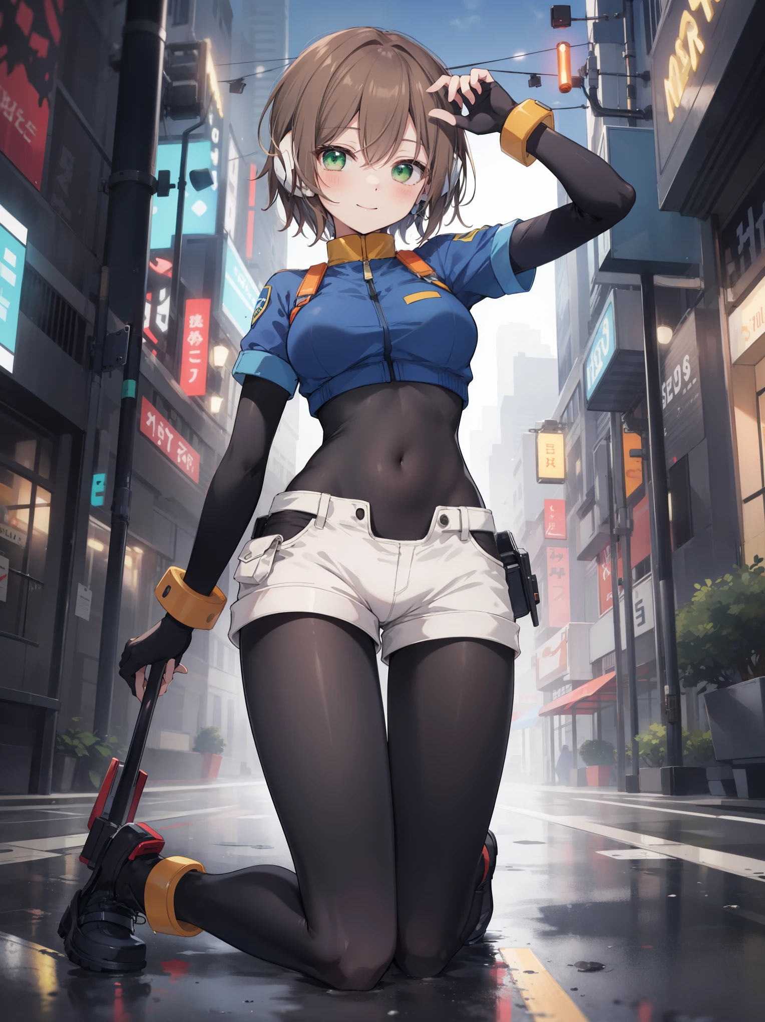 aile_megamanzx, kneeling with hand on the ground , 1girl, solo, short hair, brown hair, short sleeves, (bodysuit), robot ears, green eyes, short_shorts, short sleeves, short over long sleeves, smile, in futuristic city, , high quality, medium_breasts,crotch, slouch,(armpit:0.7),open_legs,