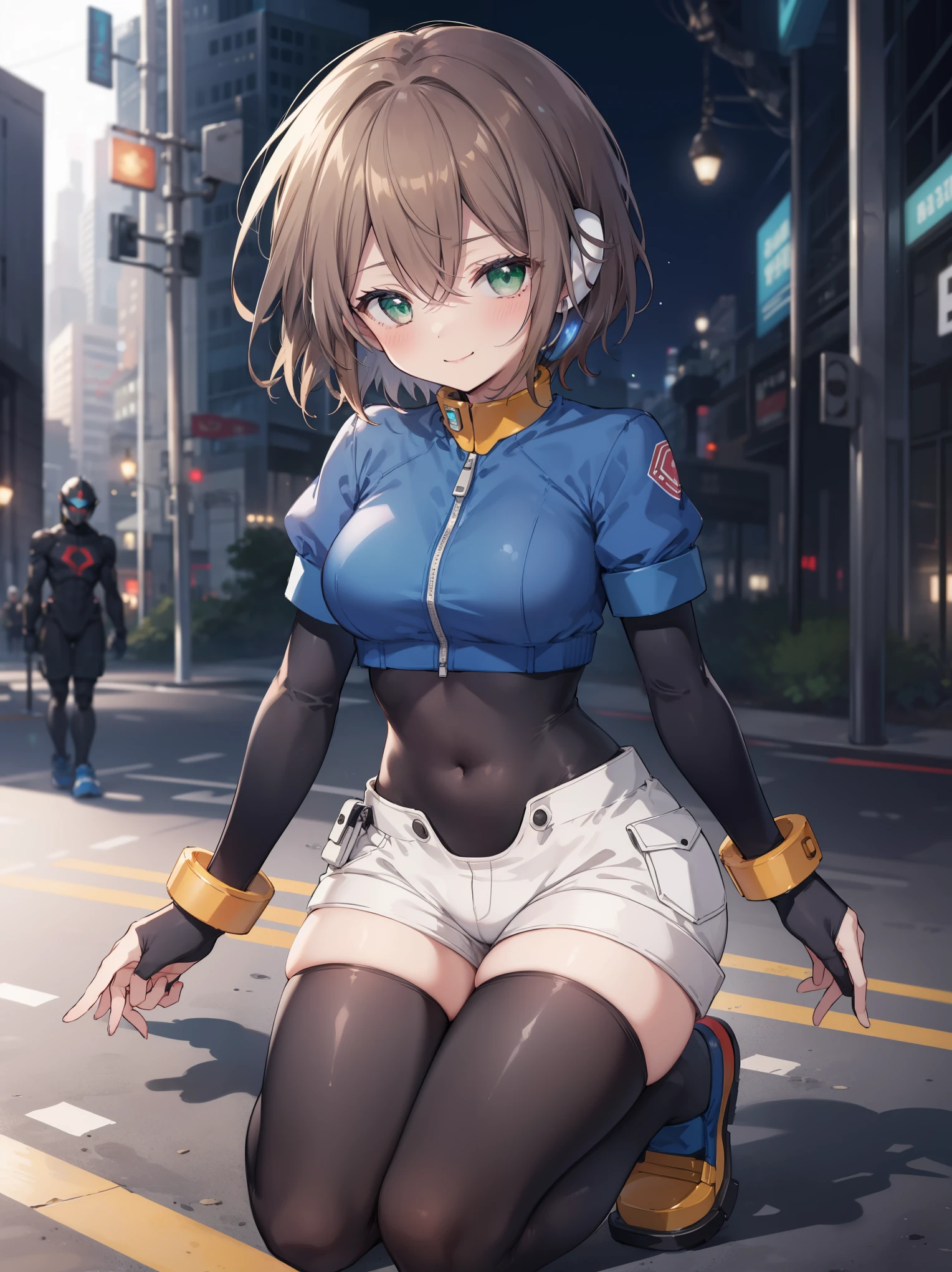 aile_megamanzx, kneeling with hand on the ground , 1girl, solo, short hair, brown hair, short sleeves, (bodysuit), robot ears, green eyes, short_shorts, short sleeves, short over long sleeves, smile, in futuristic city, , high quality, medium_breasts,crotch, slouch,(armpit:0.7),open_legs,