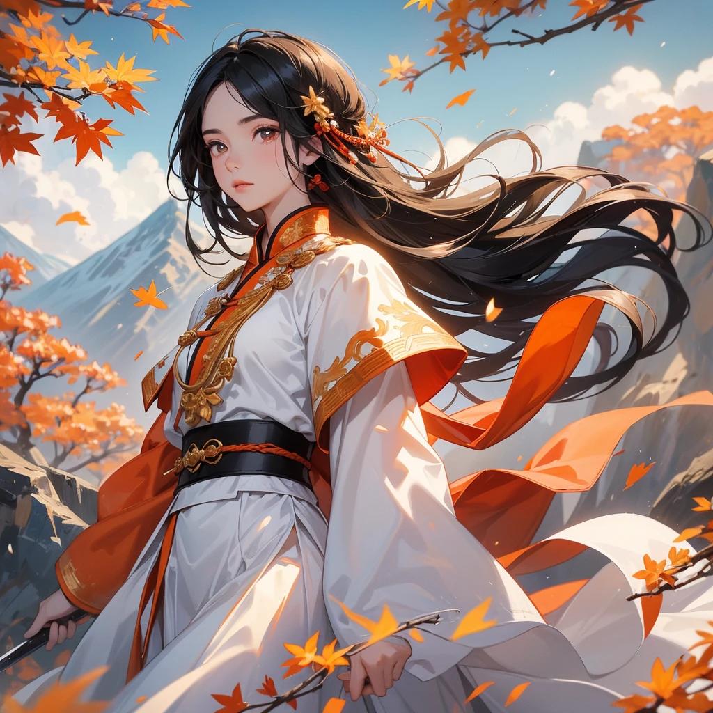 a beautiful woman black-haired male general holding a large sword in white ancient Chinese general costume, walking In the middle of a spring mountain ,the backdrop is a mountain that turns orange-red in spring, and maple leaves fall from the trees. close up.