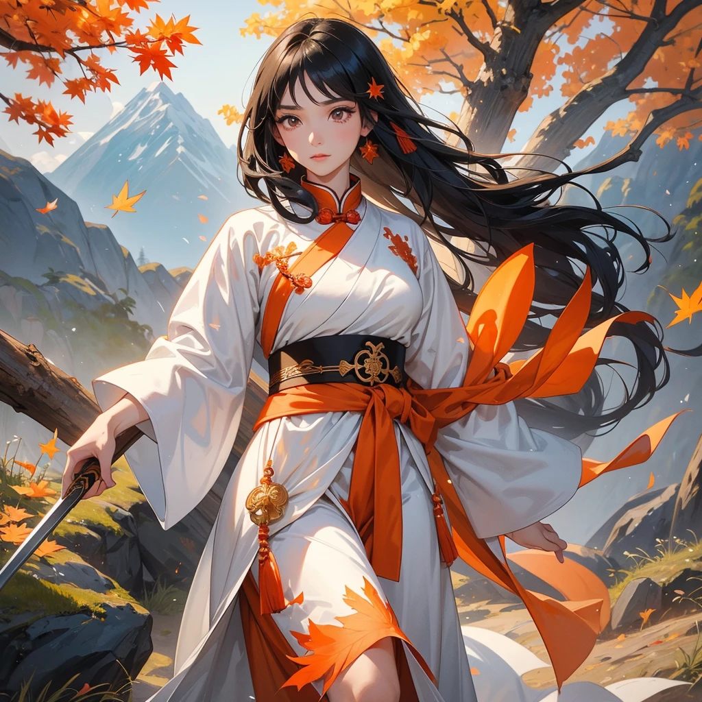 a beautiful woman black-haired male general holding a large sword in white ancient Chinese general costume, walking In the middle of a spring mountain ,the backdrop is a mountain that turns orange-red in spring, and maple leaves fall from the trees. close up.